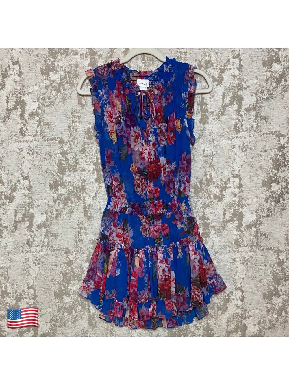 Misa Sabine Floral Tiered Skirt Mini Dress in Blue